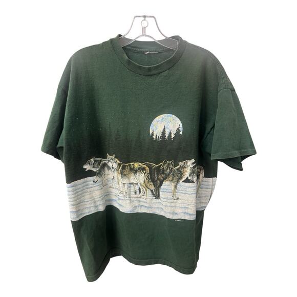 Vintage 1991 Habitat Green XL Timberwolves Pack Moon Single Stitch T-Shirt - Picture 2 of 7